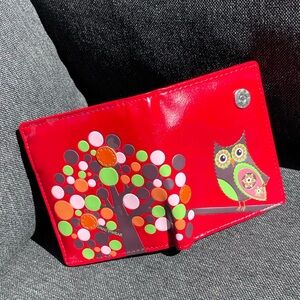 NWT Red leather wallet with multicolored owl